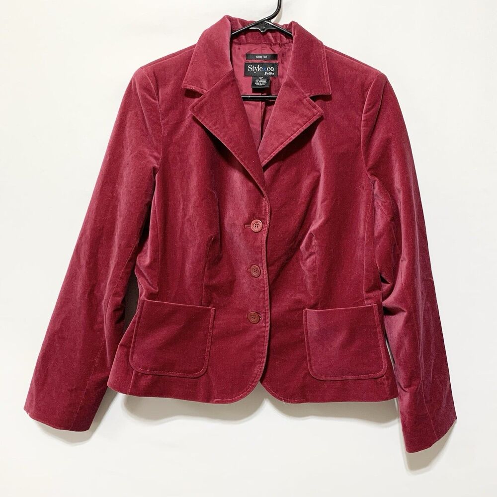 Style & Co Womens 12P Stretch Red Velvet Jacket Long Sleevee Button Front